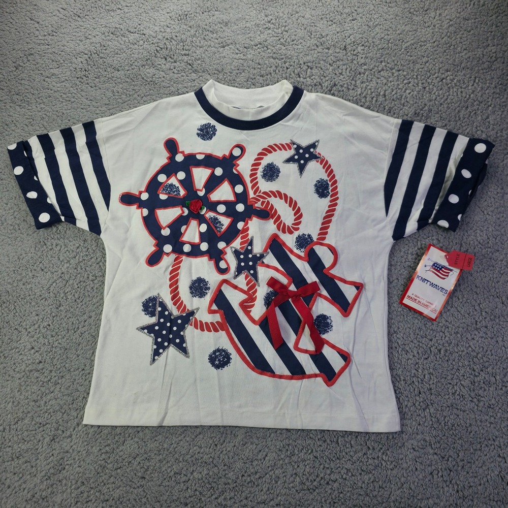Vintage Knitwaves Kids Nautical Anchor Stars Top Red White Blue Large 34661 NWT